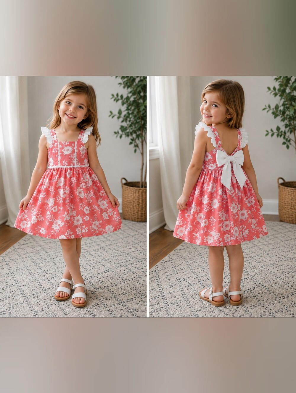 Tartaleta Girls Size 4 Coral Floral Cotton Dress Bow Back Ruffle Spain